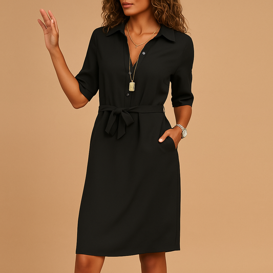 Femme Robe Midi Chemise à Manches Demi-longues avec Ceinture et Poches