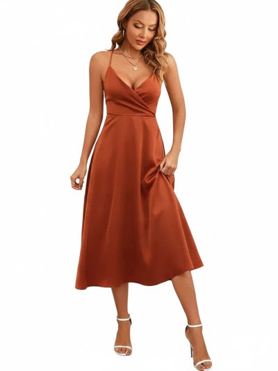 Femme Robe Midi col Croisé à Bretelles avec Dos Nu et Nœud en A-ligne