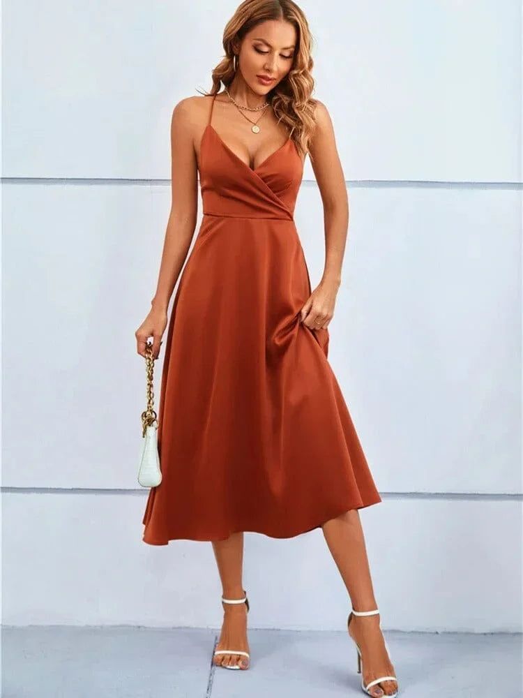 Femme Robe Midi col Croisé à Bretelles avec Dos Nu et Nœud en A-ligne