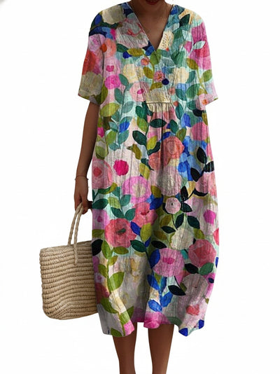 Femme Robe Midi Courte Manches Courtes col V à Imprimé Floral
