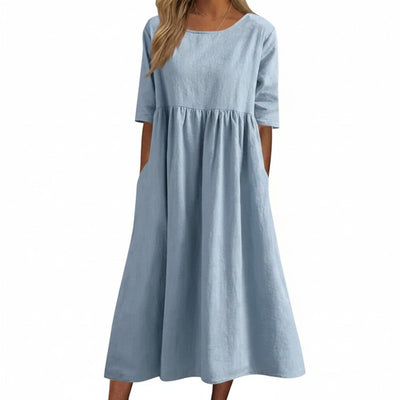 Femme Robe Midi Décontractée col Rond Manches Trois-Quarts avec Poches