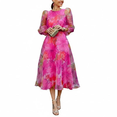 Femme Robe Midi Florale à Col Rond et Manches Longues Vaporeuses en Ligne A