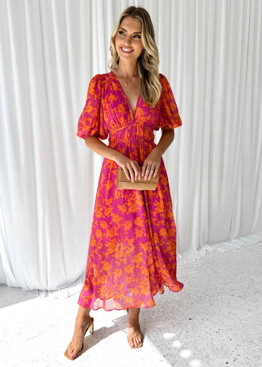 Femme Robe Midi Florale à Manches Bouffantes et Col V