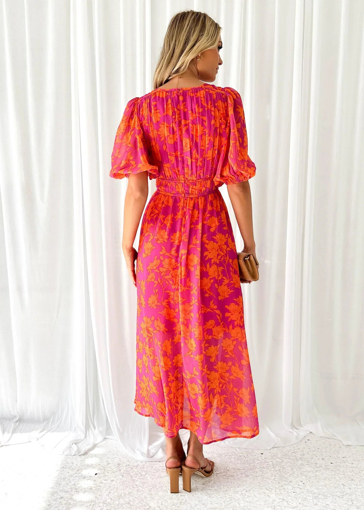 Femme Robe Midi Florale à Manches Bouffantes et Col V