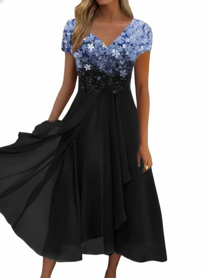 Femme Robe Midi Florale à Manches Courtes avec Col en V et Jupe Fluide