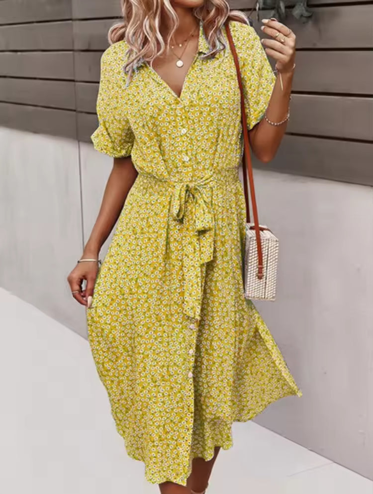 Femme Robe Midi Florale à Manches Courtes avec Col V et Ceinture Nouée