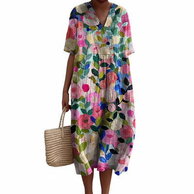 Femme Robe Midi Florale à Manches Courtes et Col en V