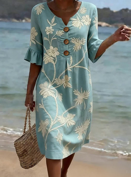 Femme Robe Midi Florale avec Col en V, Manches Évasées et Boutons
