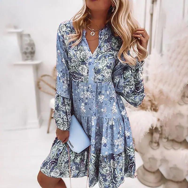 Femme Robe Midi Florale Bohème Manches Longues avec Col en V