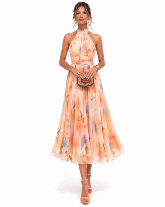 Femme Robe Midi Halter Neck sans Manches à Imprimé Floral et Dos Nu