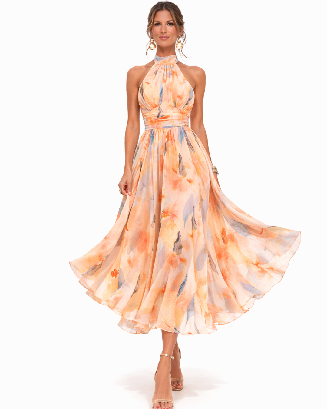 Femme Robe Midi Halter Neck sans Manches à Imprimé Floral et Dos Nu