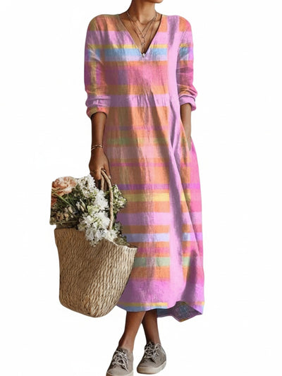 Femme Robe Midi Longue Manches Longues avec Col en V et Imprimé à Rayures