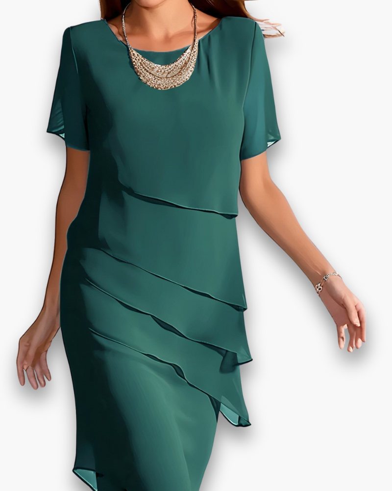 Femme Robe Midi Manches Courtes à Col Rond et Volants Asymétriques