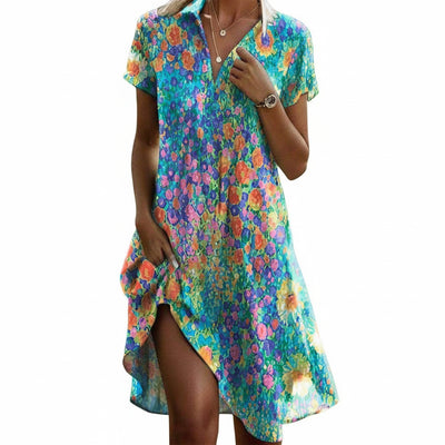 Femme Robe Midi Manches Courtes à Imprimé Floral et Col en V