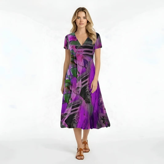 Femme Robe Midi Manches Courtes avec Col en V et Imprimé Abstrait