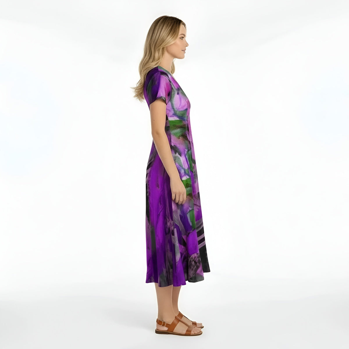 Femme Robe Midi Manches Courtes avec Col en V et Imprimé Abstrait