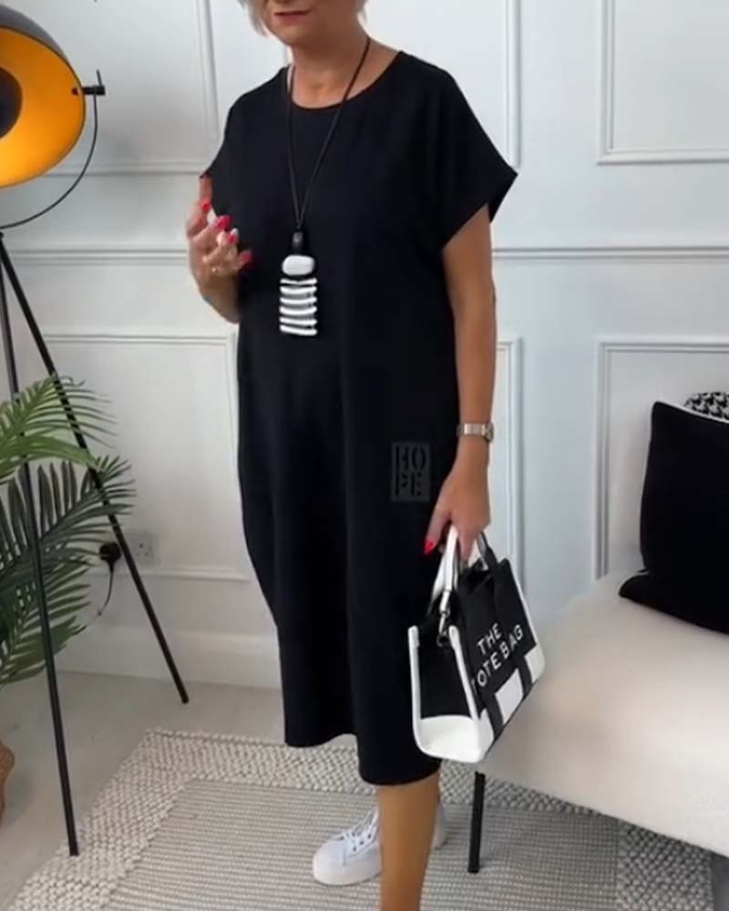 Femme Robe Midi Manches Courtes Oversize avec Col Rond et Imprimé Lettres