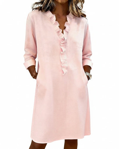 Femme Robe Midi Manches Longues col V à Volants Coupe Droite