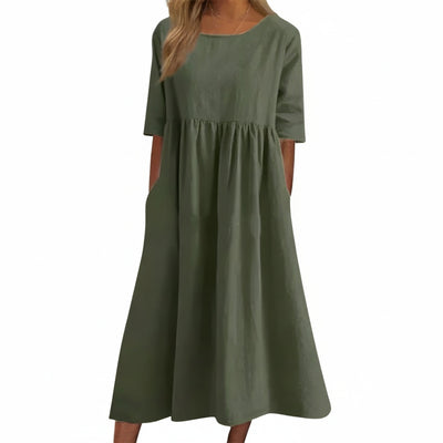 Femme Robe Midi Manches Trois-Quarts col Rond Taille Froncée et Poches