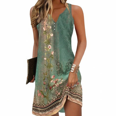 Femme Robe Midi sans Manches à Col en V et Imprimé Floral Bohème