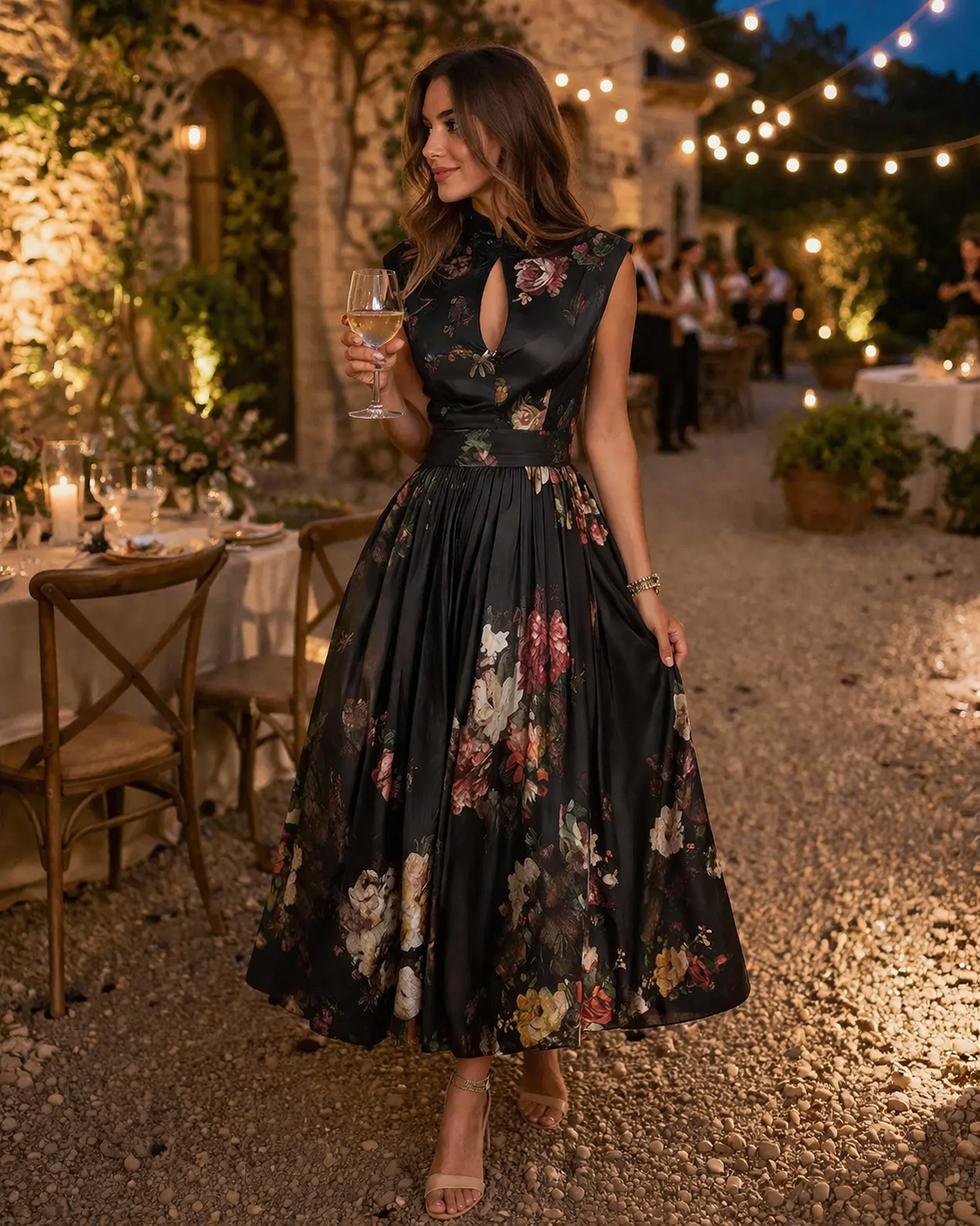 Femme Robe Midi sans Manches à Col Montant et Imprimé Floral en A-line