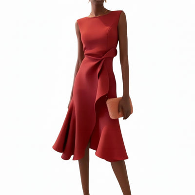 Femme Robe Midi Sans Manches Asymétrique avec Drapé et Ourlet Évasé