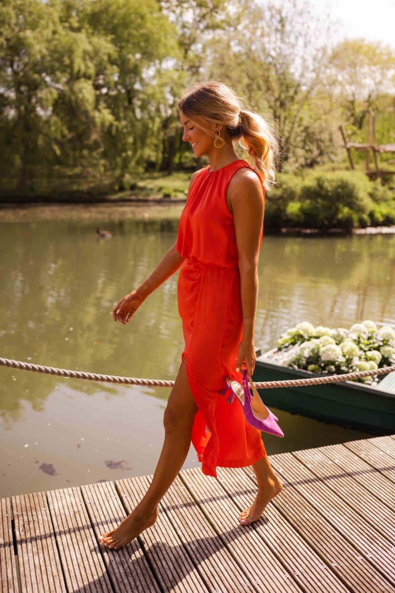 Femme Robe Midi Sans Manches avec Col Rond et Fente Latérale