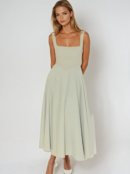Femme Robe Midi sans Manches avec Décolleté Carré et Jupe Évasée