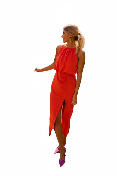 Femme Robe Midi sans Manches col Rond avec Fente Latérale