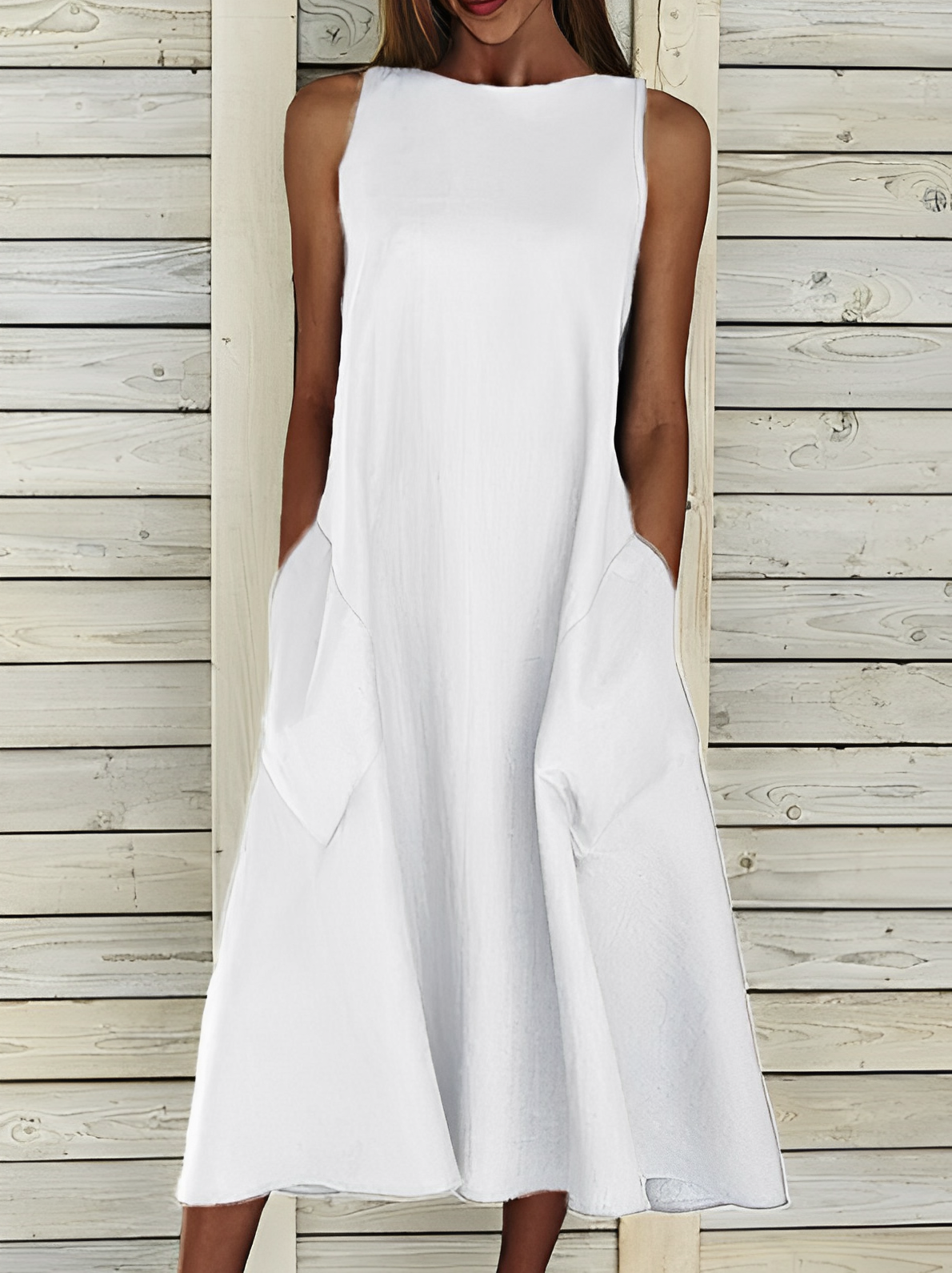 Femme Robe Midi sans Manches col Rond avec Poches