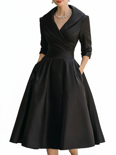 Femme Robe Midi Vintage à Col Châle Croisé et Jupe A-line avec Poches