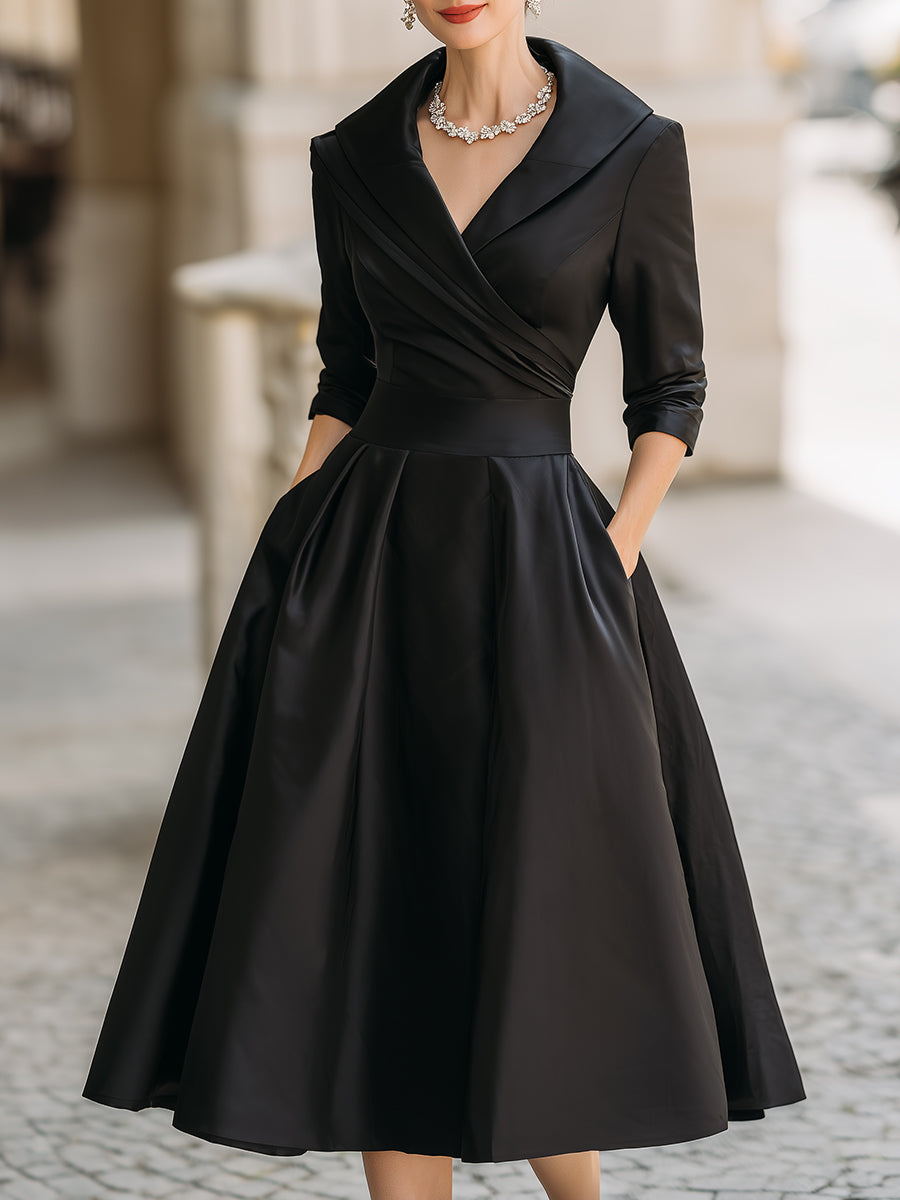 Femme Robe Midi Vintage à Col Châle Croisé et Jupe A-line avec Poches