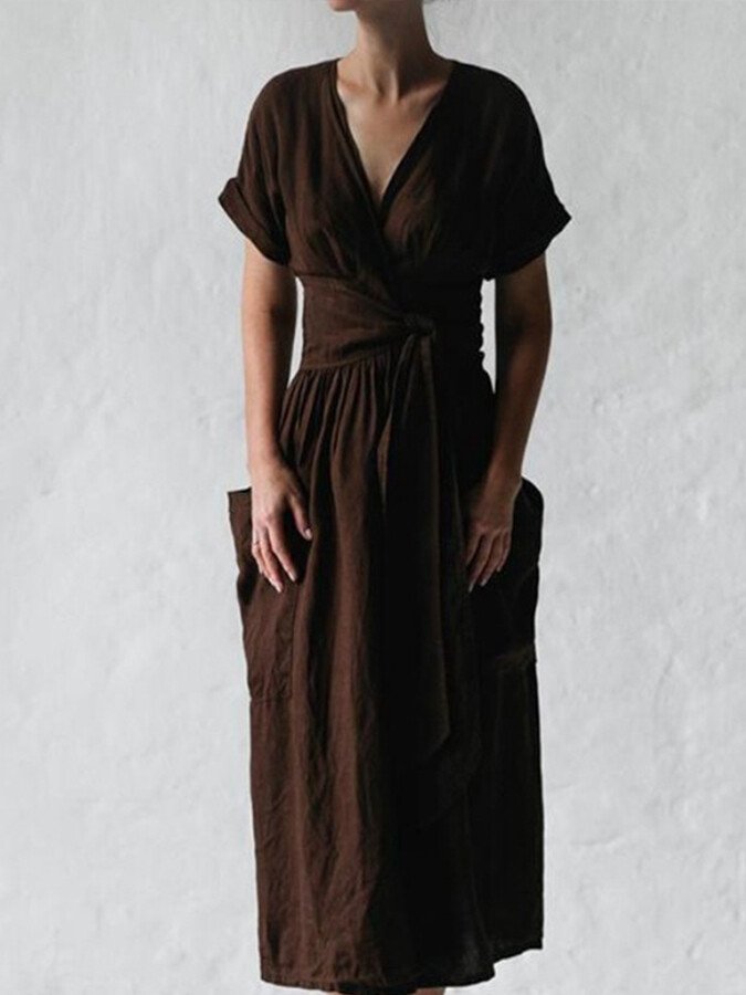 Femme Robe Portefeuille Midi Manches Courtes avec Col en V et Ceinture à Nouer