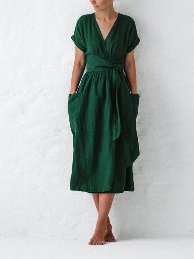 Femme Robe Portefeuille Midi Manches Courtes avec Col en V et Ceinture à Nouer