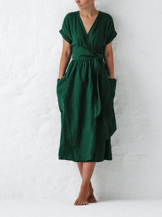 Femme Robe Portefeuille Midi Manches Courtes avec Col en V et Ceinture à Nouer