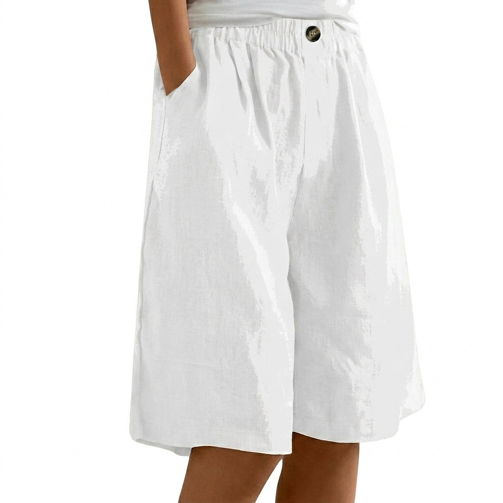 Femme Short Large à Ceinture Élastique avec Bouton et Poches Latérales
