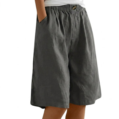 Femme Short Large à Ceinture Élastique avec Bouton et Poches Latérales