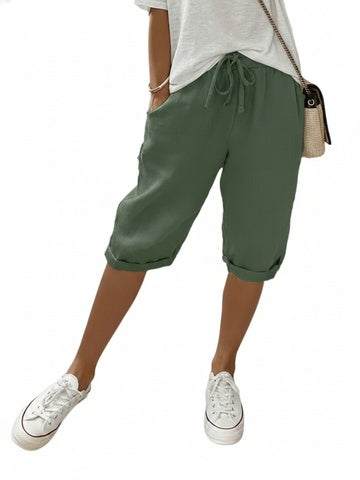 Femme Short Trois-Quarts Taille Élastique avec Poches et Cordon