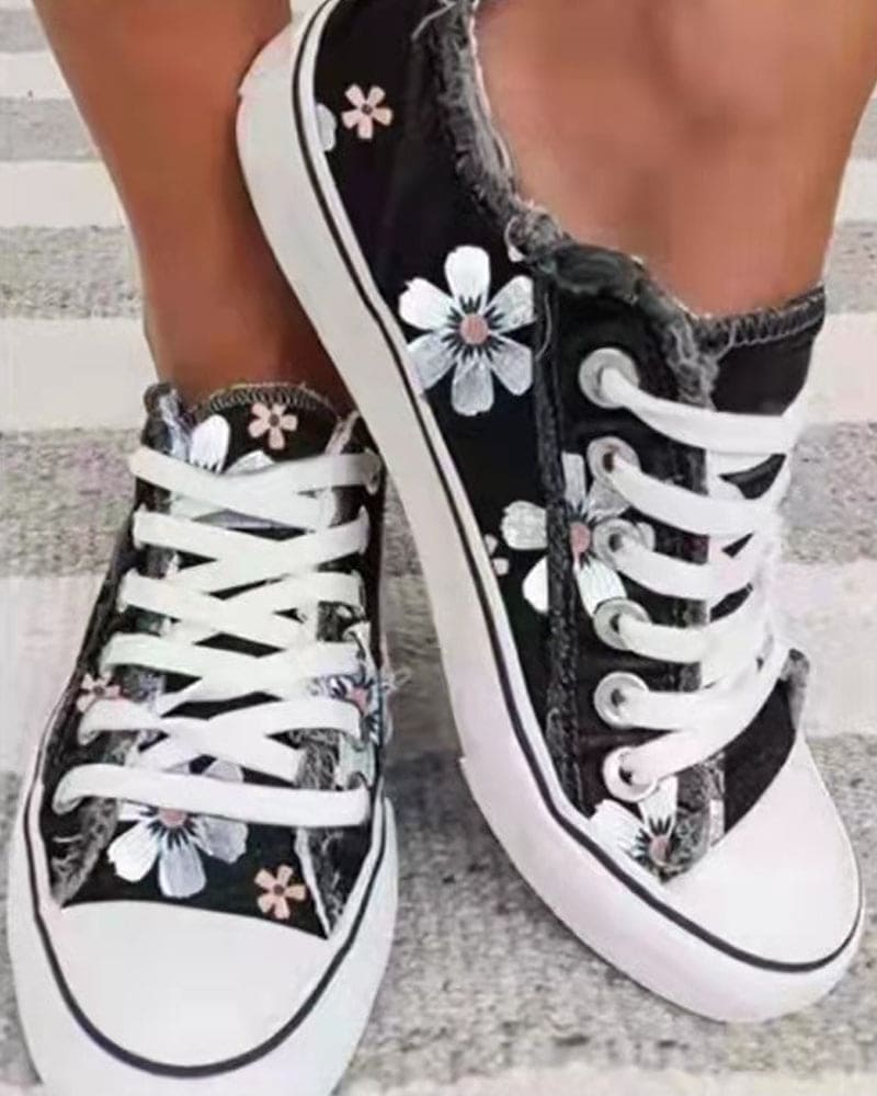 Femme Sneakers à Lacets avec Imprimé Floral et Bord Effiloché