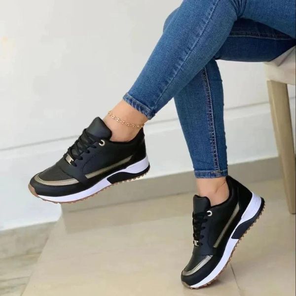 Femme Sneakers à Lacets avec Semelle Plateforme et Talon Compensé