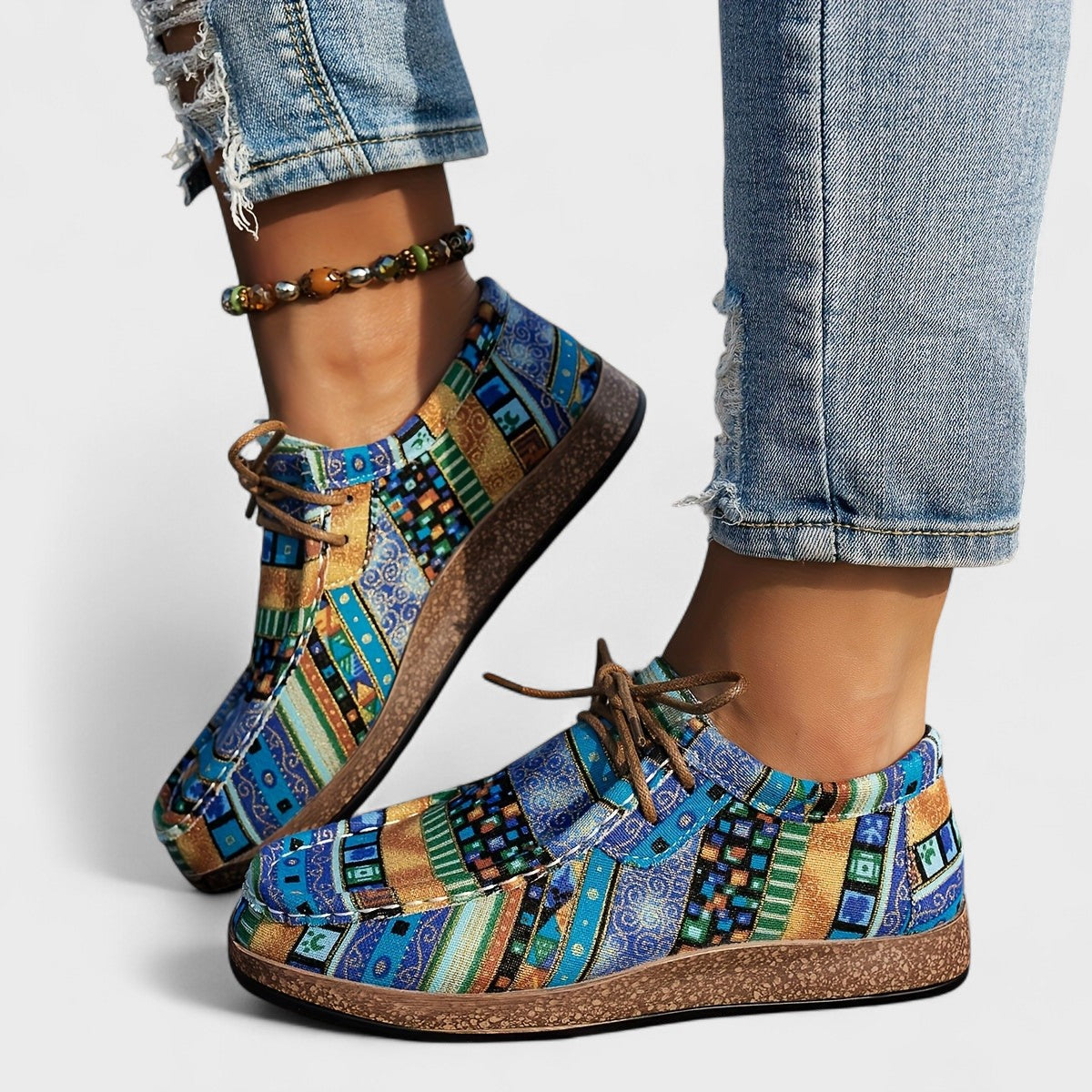 Femme Sneakers Orthopédiques à Lacets avec Imprimé Ethnique et Semelle Plateforme