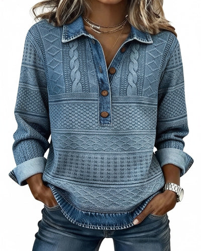 Femme Sweatshirt Manches Longues avec Col Polo et Boutonnage Demi