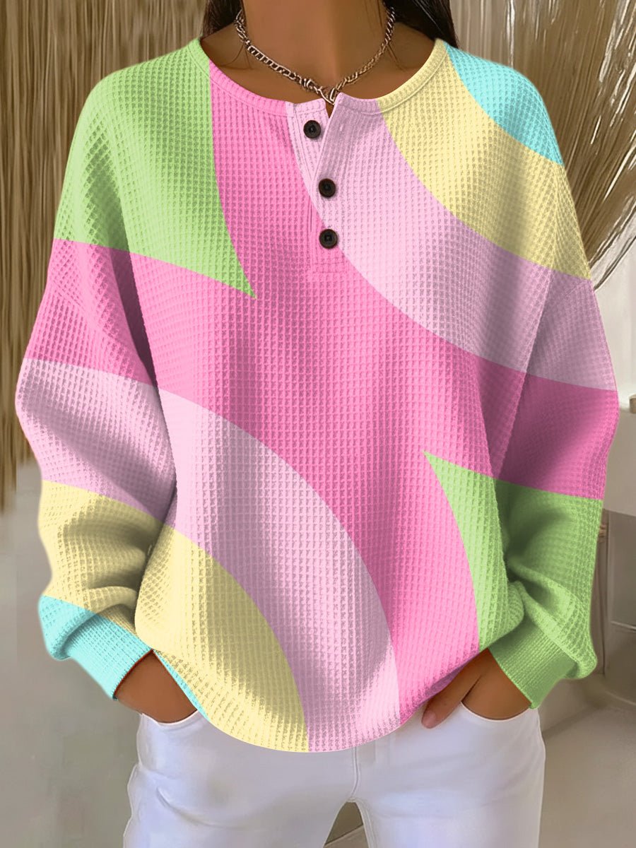 Femme Sweatshirt Oversize Manches Longues avec Col Henley et Motif Géométrique