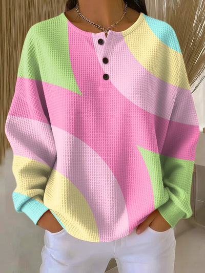 Femme Sweatshirt Oversize Manches Longues avec Col Henley et Motif Géométrique