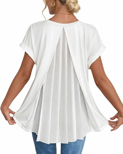 Femme T-shirt Manches Courtes avec Col en V et Dos Plissé