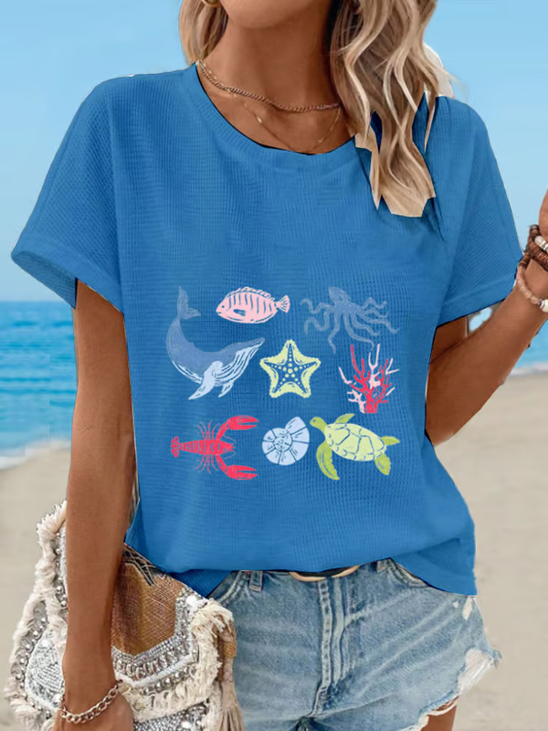 Femme T-shirt Manches Courtes col Rond avec Imprimé Monde Sous-Marin