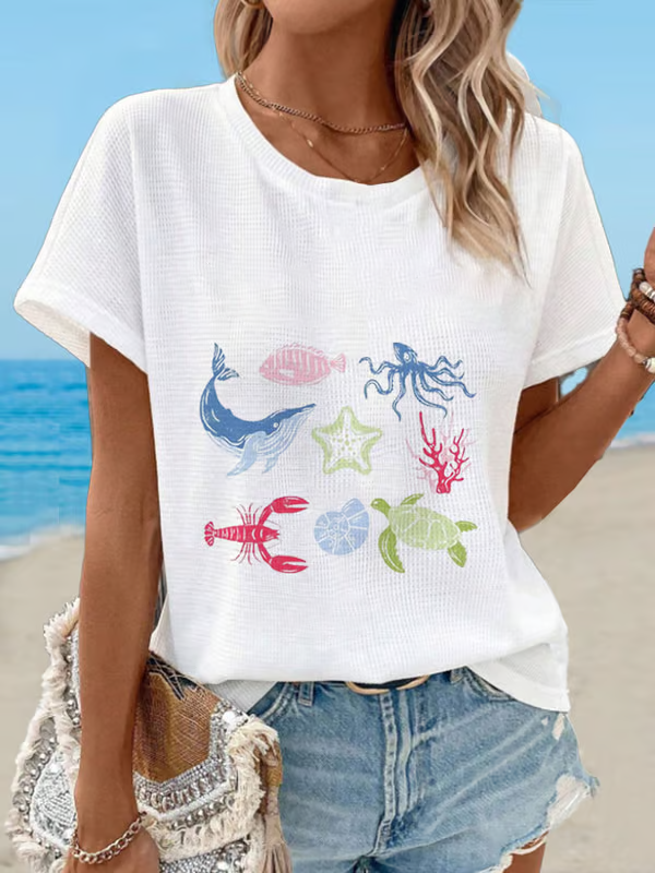 Femme T-shirt Manches Courtes col Rond avec Imprimé Monde Sous-Marin