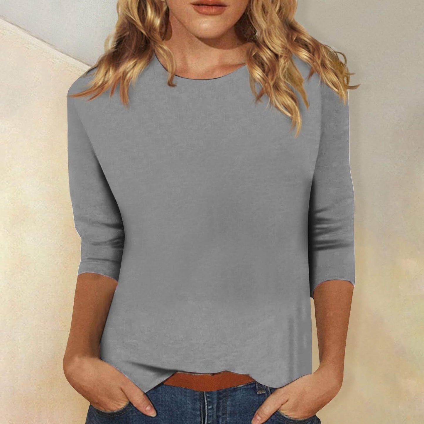 Femme T-shirt Manches Trois-Quarts avec Col Rond