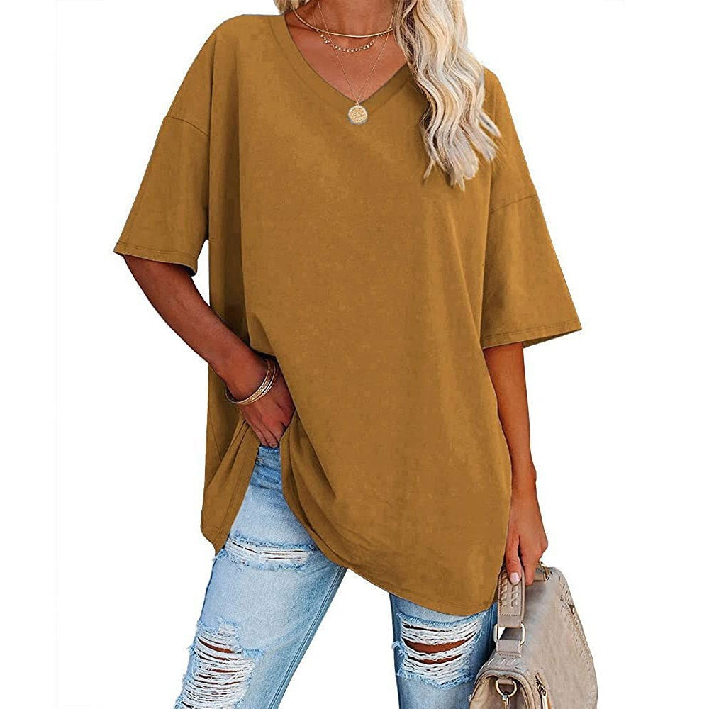 Femme T-Shirt Oversize Manches Courtes avec Col en V