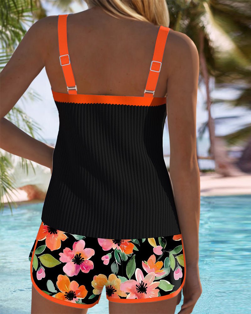Femme Tankini Deux-Pièces à Bretelles Réglables avec Short Fleuri